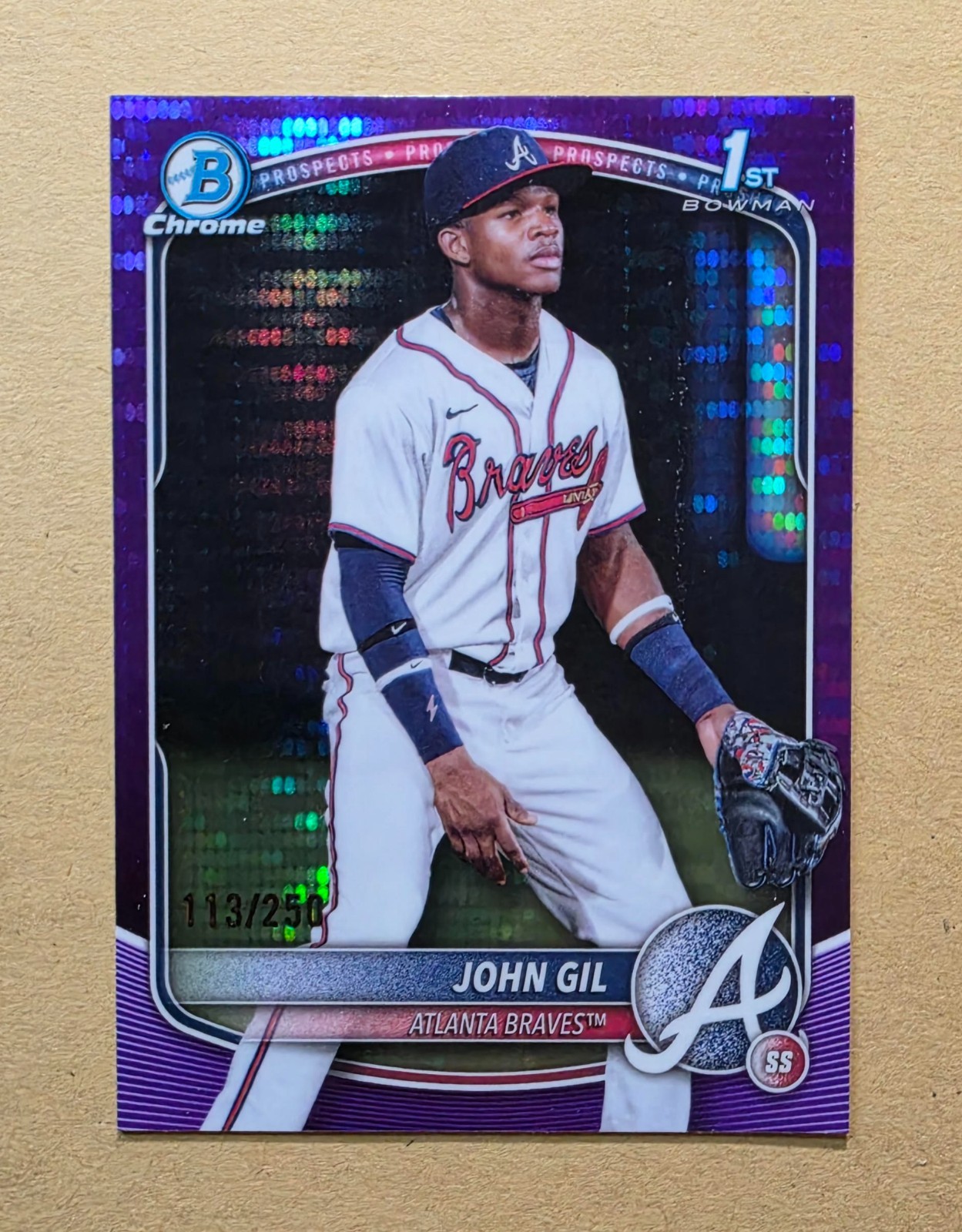 John Gil 2025 Bowman Chrome 1st Purple Pulsar Refractor RC # 113/250