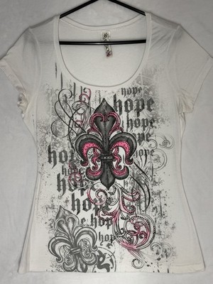 Y2K Fleur De Lis Rhinestone Tee McBling Grunge Sleaze Goth Tattoo Hope White XL
