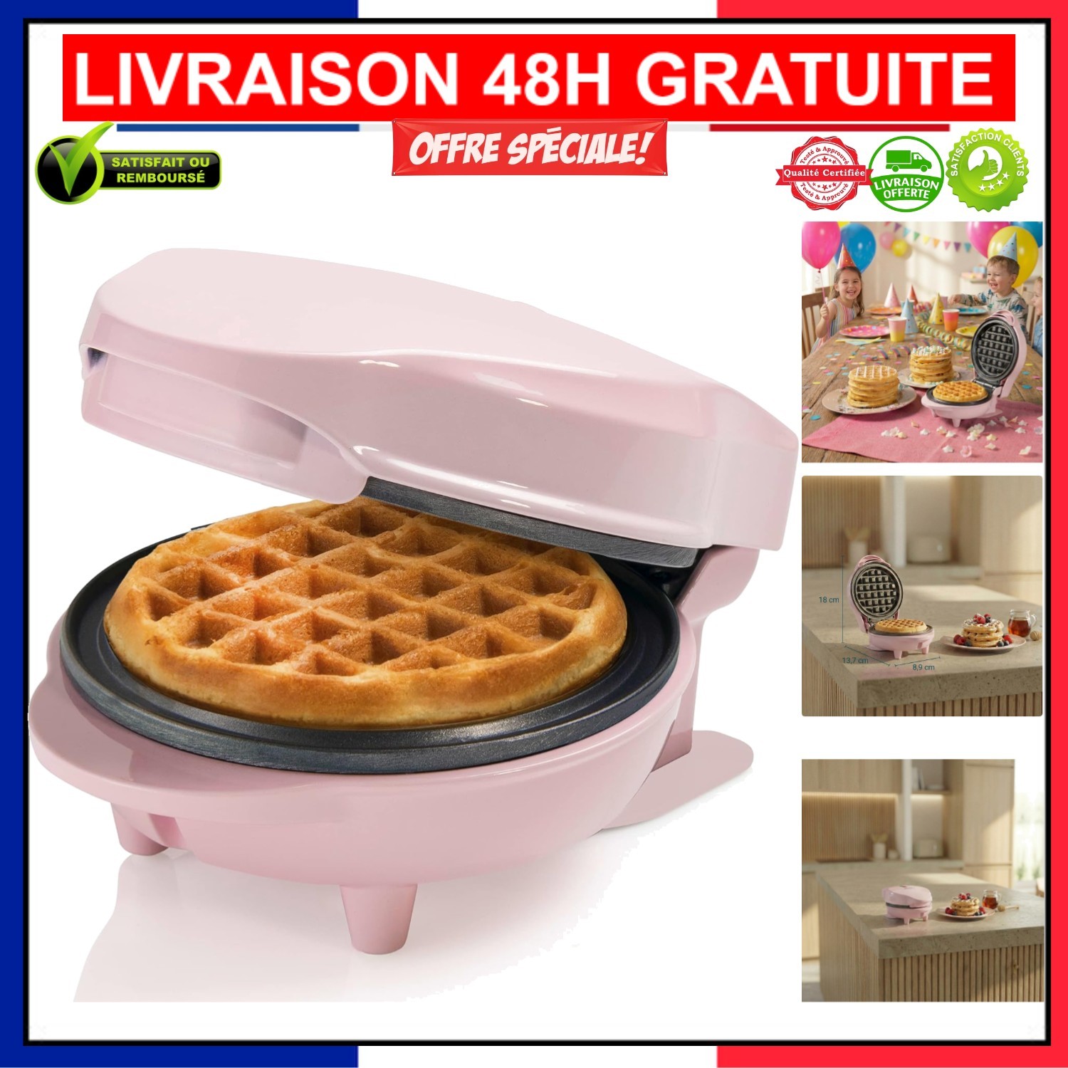 Mini gaufrier anti-adhésif 550W rose pour ne plus rater vos pâtes à gaufre