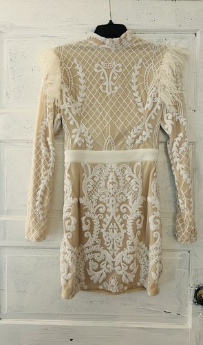 Vintage, Elegant, Small White And Cream Embroidered Cocktail Dress With Feathers