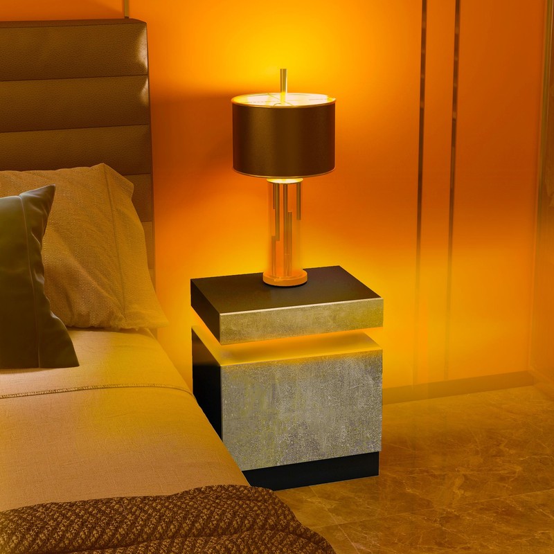 Nightstand, End Side Table with LED Lights, 2 Drawers
