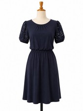 Talbots Navy Cotton Knit Dress Petite P Eyelet Detail Short Sleeve Knee Length