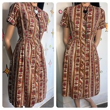 Vintage 50s Art Print Red Mustard Mid Century Fit Flare Cotton Day Dress - M