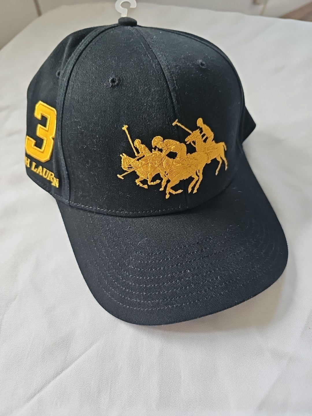 Cappello berretto baseball Polo Ralph Lauren nero con triplo pony oro #3 regolazione nuovo con etichette