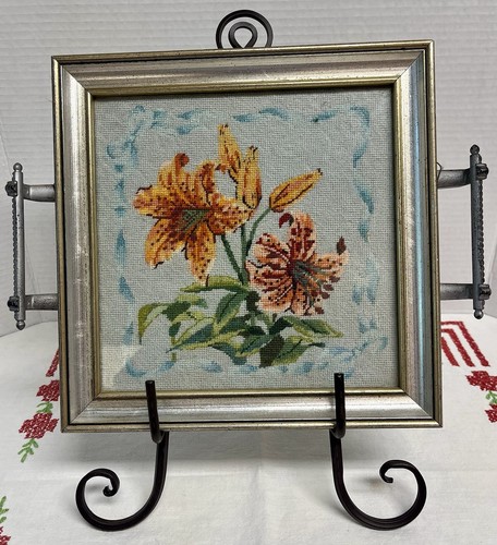Vintage Needlepoint Art Silver Toned Decorative Tray With Metal Handles , Orage Brown Tiger Lilies