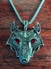 RED EYED FENRIR WOLF HEAD *VIKING THEMED PENDANT STAINLESS STEEL NECKLACE *NEW