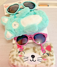 Bear and Cat Themed Kids Sunglasses With Faux Fur Hard Cases 2 NWT Sets