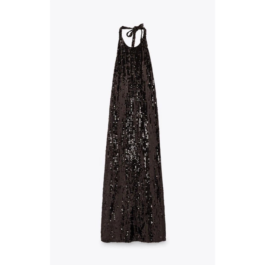 ZARA Chocolate Brown Sequin Halter Dress X-Small View 3