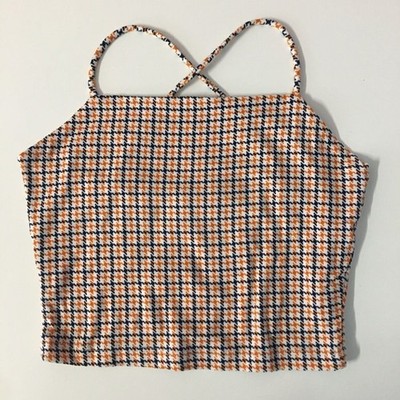 Diosa NWOT White|Black|Orange Houndstooth Square-Neck Cross-Back Crop Top Sz S