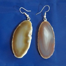 Handcrafted Dangle Earrings Agate Slice Natural Stone Brown Beige Asymmetrical
