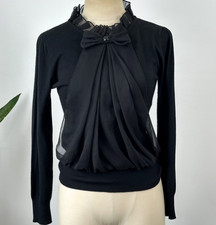 MILAIO COUTURE – BLACK WOOL BLEND JUMPER - CHIFFON BOW RUFFLE - 10 AU