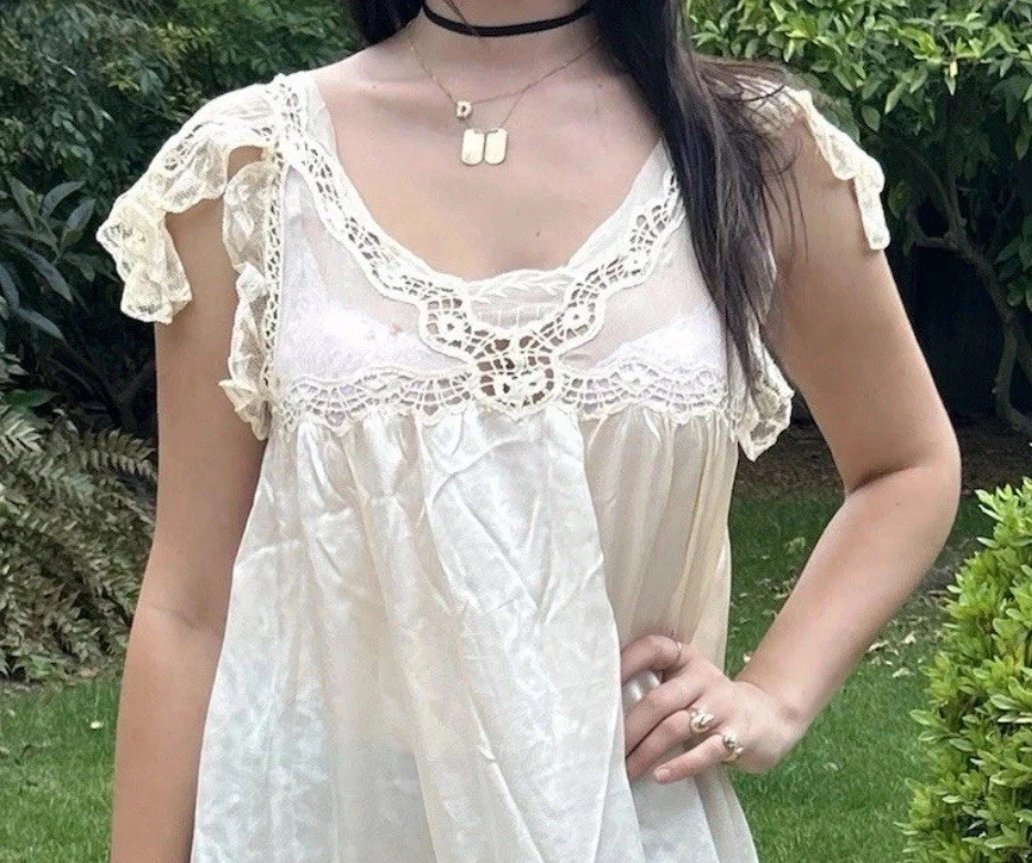 Antique 20s 30s L XL Silk Long Nightgown Slip Dress Lace - Image 2 of 4