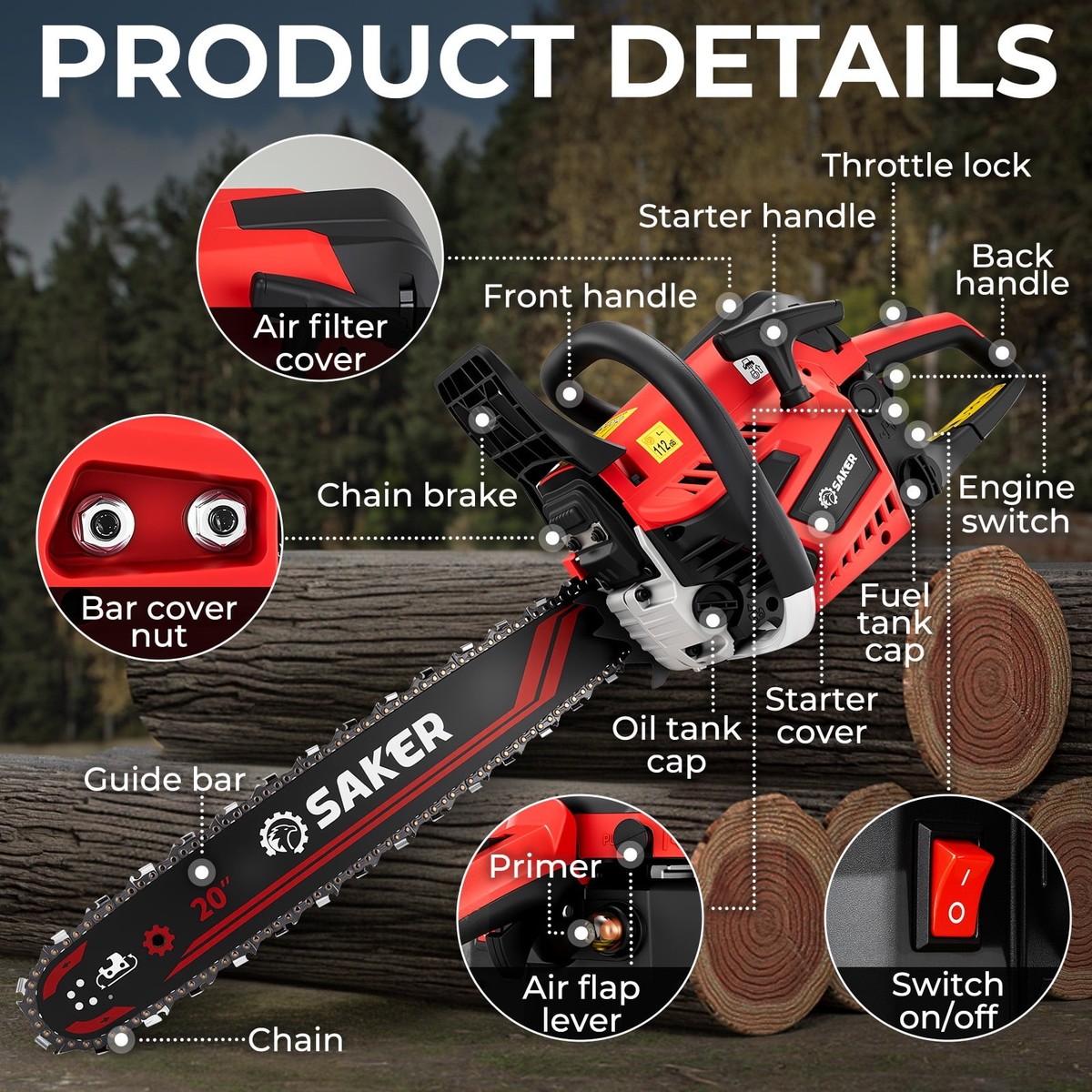 Saker 58cc Gas Chainsaw, 3.2HP 2-Cycle Engine, 20-Inch Manganese