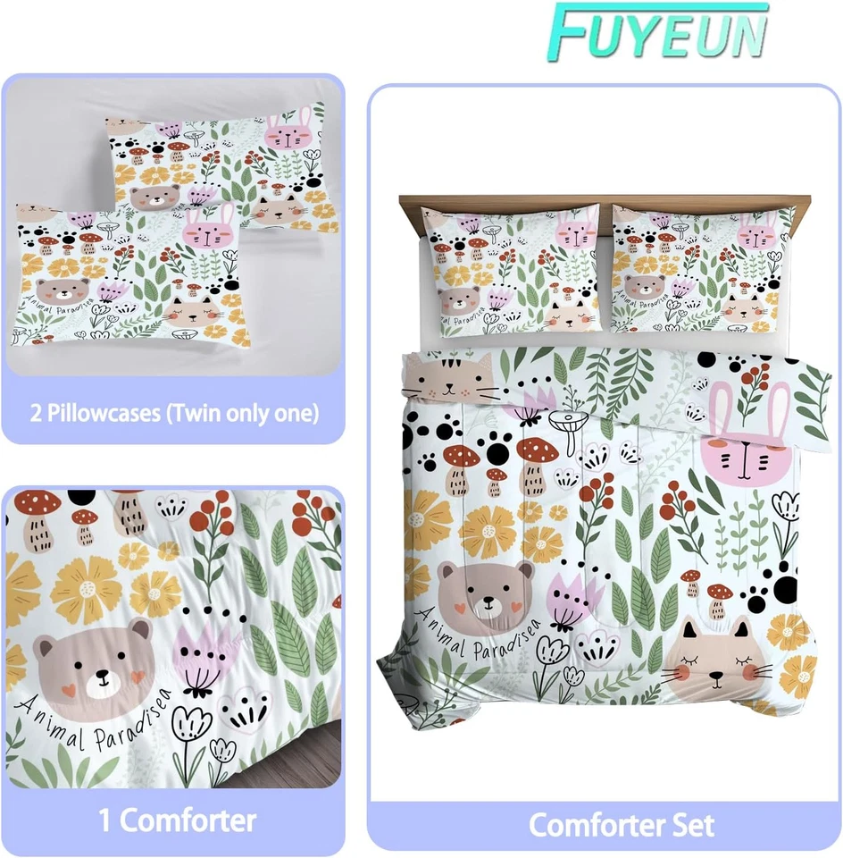 Floral Cat Bedding Full Size Cartoon Cats Comforter Set for Girls Boys Kids Teen - Image 2 of 4