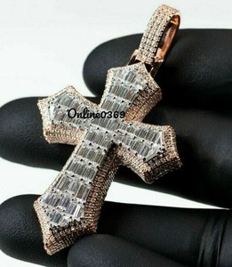 Authentic Mens Religious Cross Pendant 3ct Baguette Moissanite 14k Rose Gold Plated Silver