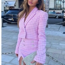 Zara Ballet Pink Cropped Houndstooth Blazer NWTSz M