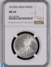 1915-B India British One Rupee. George v. Silver. NGC MS63. Very Rare!
