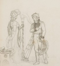 E. ILLE (1823-1900), Harfenspielerin und Offizier, Federzeichnung Figürlich