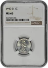 1943 D 1c Lincoln Steel Wheat Cent NGC Graded MS 65 with Gold Toning