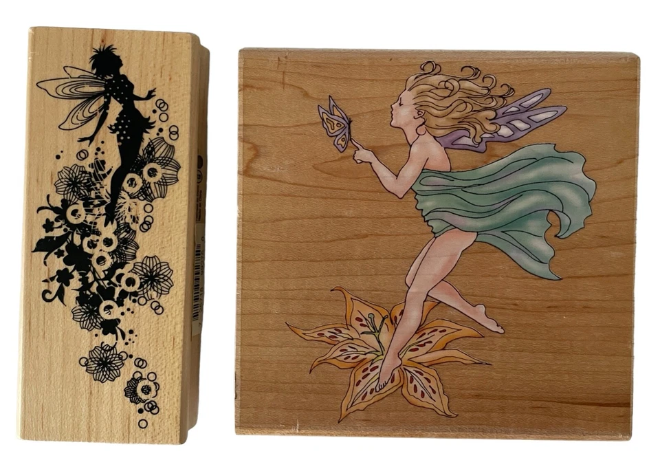 Set of 2 Fairies Floral Fairy Mystical Inkadinkado Wooden Rubber Craft Stamps - Image 2 of 4