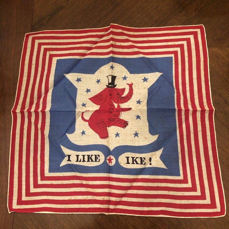 Vintage Handkerchief  “I LIKE IKE!” Political Souvenir Hanky Red Elephant 13”x13