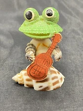 FROG Sea Shell Green Figurine Playing Guitar Funny Whimsy MCM Mid Century Vtg