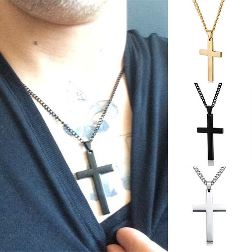 Christian Cross Necklace Jesus Single Titanium Stainless Steel Gold Silver Black