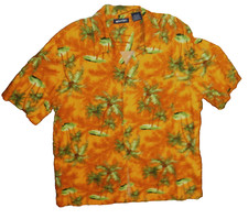 Puritan Men  s Hawaiian Shirt  L 42/44  Orange w/Green Palm Trees Short Sleeve