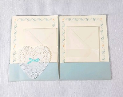 Vtg 1970s Stationery Box Set Blue Floral Hearts Complete 32 Sheets 16 Envelopes