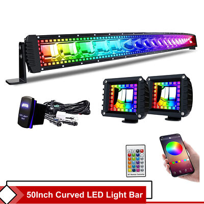 50INCH RGB Curved LED Light Bar Spot Flood Offroad For Jeep Wrangler JK YJ TJ CJ