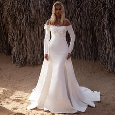 Boat Neck Wedding Dress Sweep Train Mermaid Bride Gowns with Detachable Train