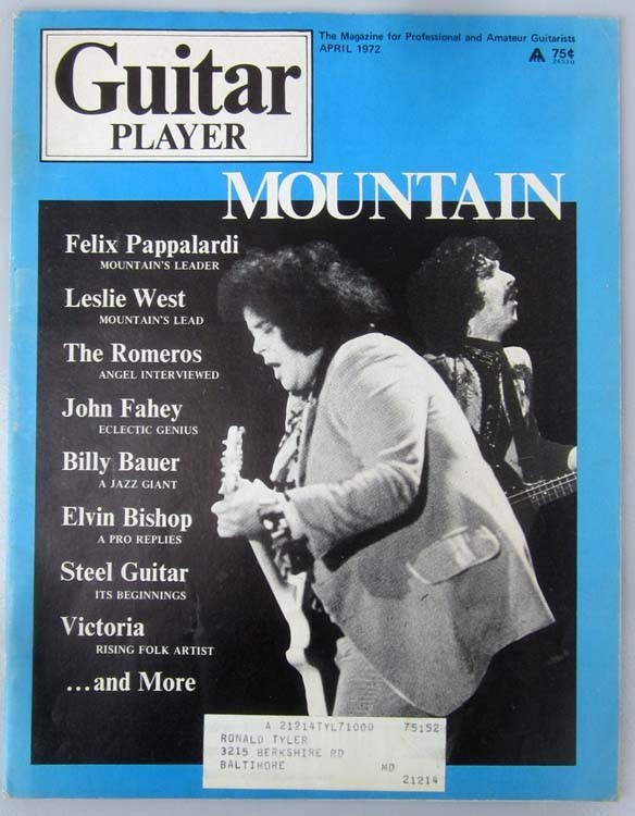 GUITAR PLAYER Magazine..Apr 1972 MOUNTAIN -LESLIE WEST/FELIX PAPPALARDI,Fahey +