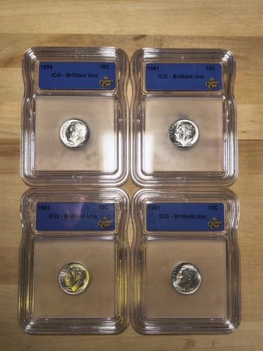 ICG 1959 & 1961 Brilliant Uncirculated Silver Roosevelt Dimes Lot of 4