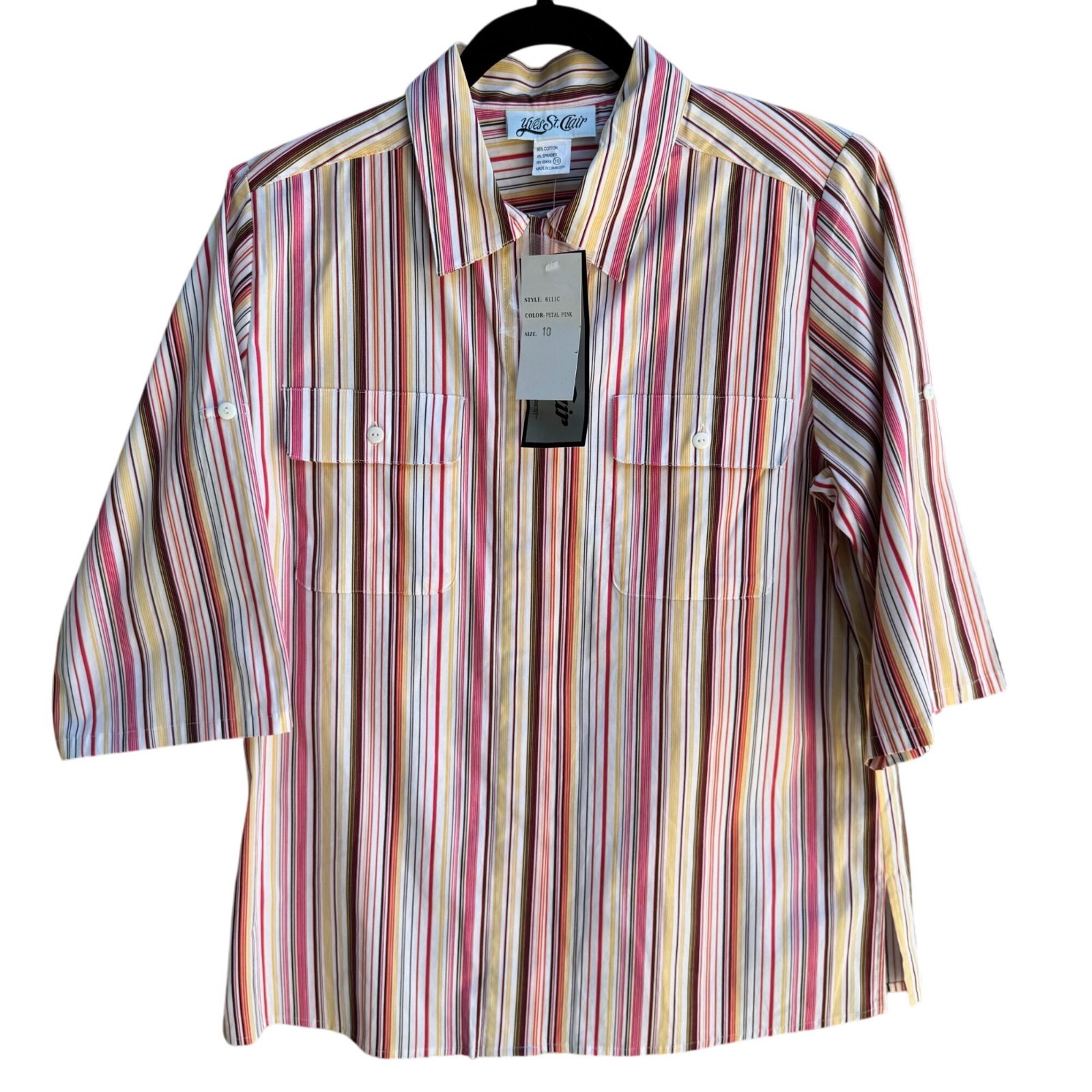 SAINT LAURENT Camicia donna Yves St Clair rosa a righe manica corta rotolo linguetta elasticizzata con bottoni
