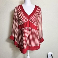 Saint Tropez West Women's Top 100% Silk Red Polka Dots Lined Empire Waist Tie