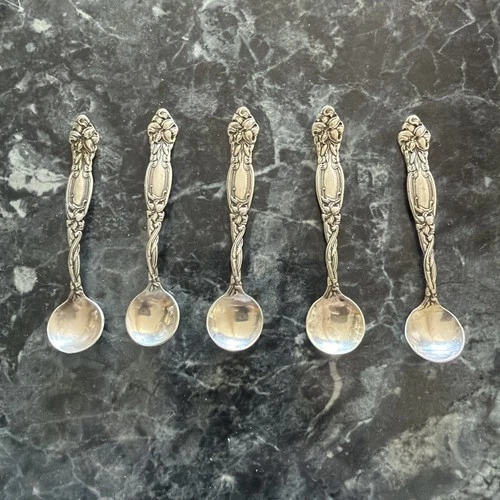 5 Antique Nouveau Sterling Silver Salt Spoons, Frontenac International Silver Co