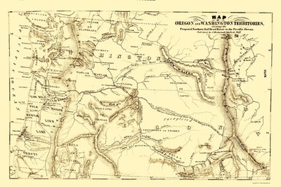 Railroad Map - Oregon and Washington Proposed Route - Disturnell 1855 - Vintage