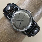 Vintage Timex Mens Dress Black Leather Cuff Mechanical Wind 33mm Watch 7 1/2"