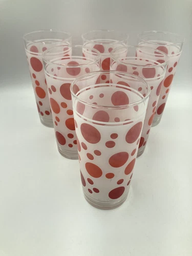 6 vtg federal glass frosted~white & pink~polka~dot tumblers - 6.25" & VGC look
