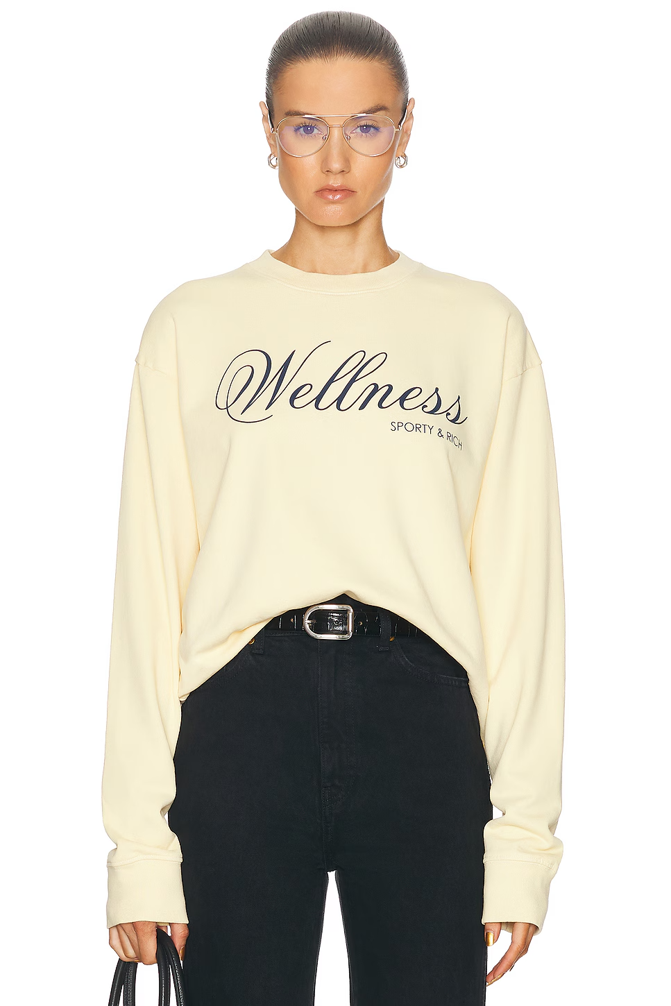 Sporty & Rich Carlyle Crewneck Sweatshirt in Almond & Navy S NWT $160