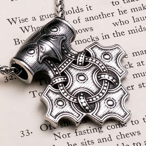 Viking Mjolnir Thor's Hammer Raven Cross Stainless Steel Pendant