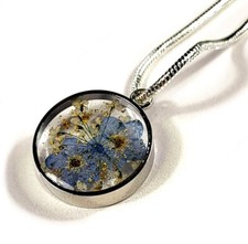 Real Forget-Me-Not Flower in 22mm Clear Lucite Resin Pendant + 18" Chain + Box