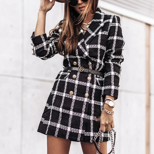 Women's Stylish Check Print Wool Blazer Coat Ladies Long Sleeve Collared Jacket - Picture 6 of 52
