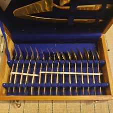 Vintage Kee Teck Jewelry Brass 19 Piece Flatware Set Wood Box Bangkok Thailand