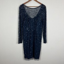 Papell Boutique Dress 16 Navy Blue Sequin Sheath Sheer Long Sleeve Cocktail Zip