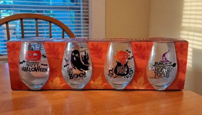 HALLOWEEN STEMLESS WINE GLASSES SET 4 HOCUS POCUS GHOST PUMPKIN WITCH GHOUL NIB