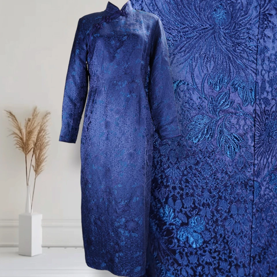Maxi Vestido Vintage Años 90 J. Peterman Azul Real Brocado Cheongsam Seda Floral 12 Foto 2 de 4