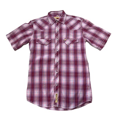 Larry Mahan Western Shirt Men Small Pink Plaid Pearl Snap Short Sleeve  Cotton