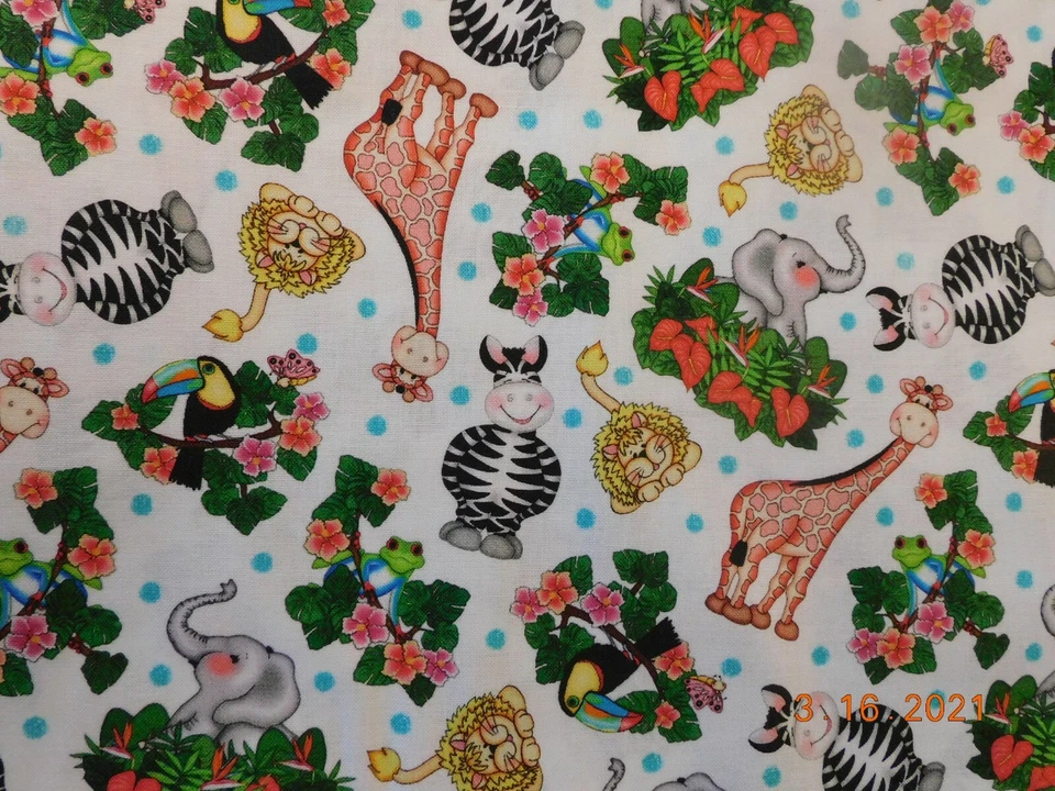 New Bazooples Waterfall Animals Tossed on White 100% Cotton Fabric bt Half Yard - Image 3 of 4