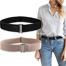 2Pcs No Show Stretch Belt for Women Invisible Elastic Belt Stretch w/ Flat Buckl